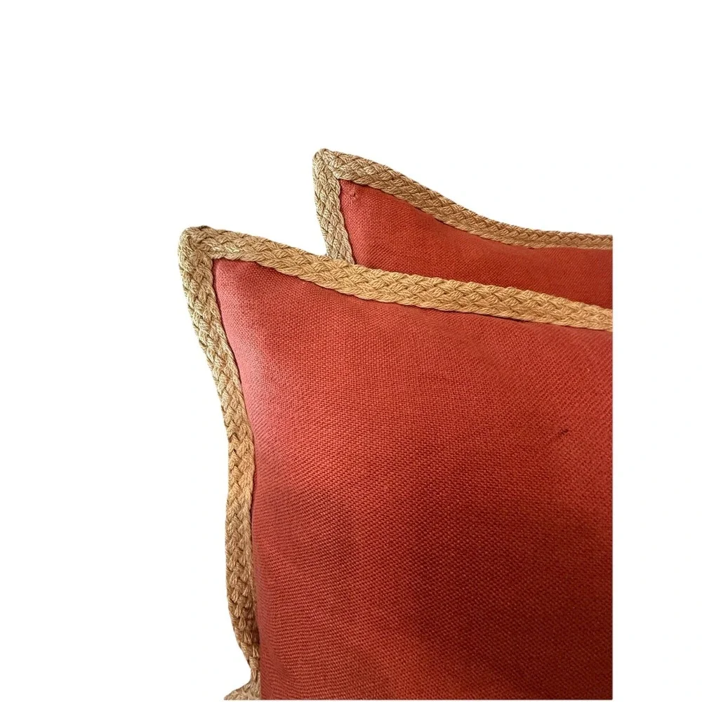 2x Pottery Barn 20x20 Linen Pillows Coral Terracotta Unique Sage Jute Trim Zip
